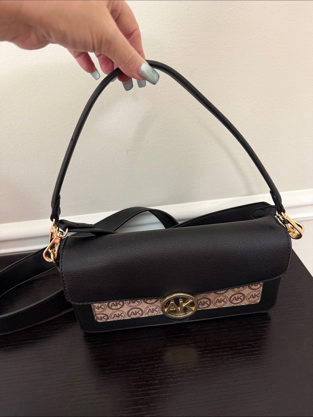 Anne Klein Black Crossbody with Beige Logo Panel, gold hardware, two straps!